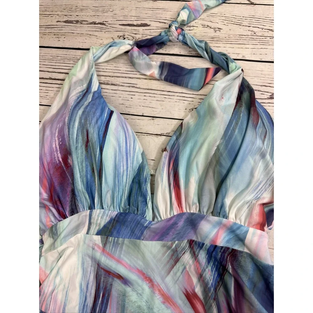 Mynah Womens One Piece Swimsuit Multicolor Abstract Plunge Halter Medium 5351